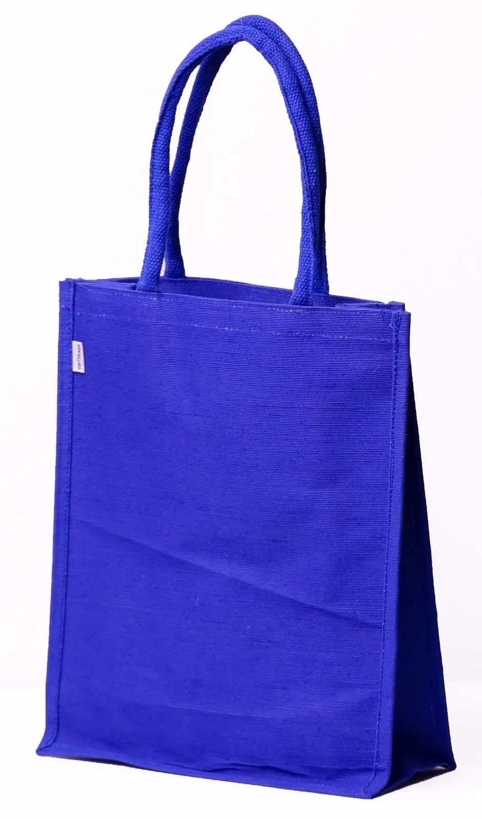Upright A4 juco bag in royal blue with matching handles and a red one behind, Hensa