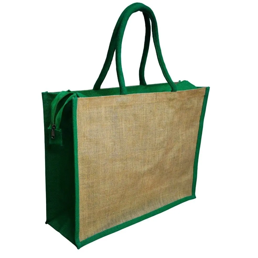 A3 natural jute bag with green sides, green handles and a zip top, Hensa