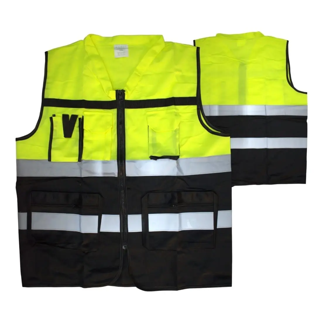 Fluorescent yellow and black reflector jacket with Chinese collar and pockets, Hensa