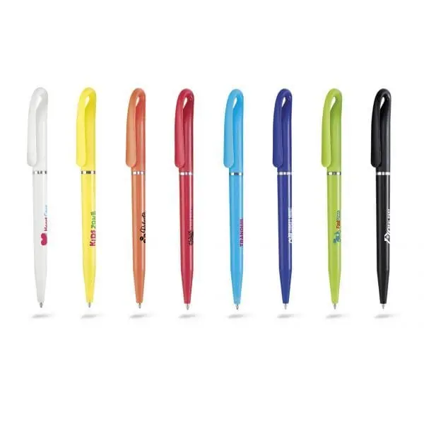 Eight Flamingo ball pens in white, yellow, orange, red, blue, green and black, some with logos, Hensa