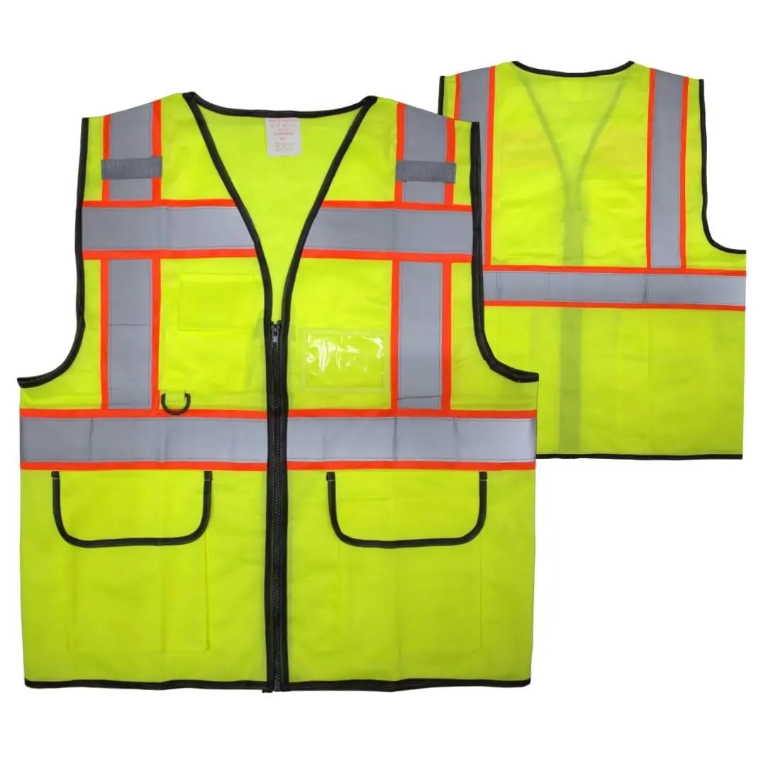 Fluorescent yellow reflector jacket with orange trim and flap pockets, Hensa