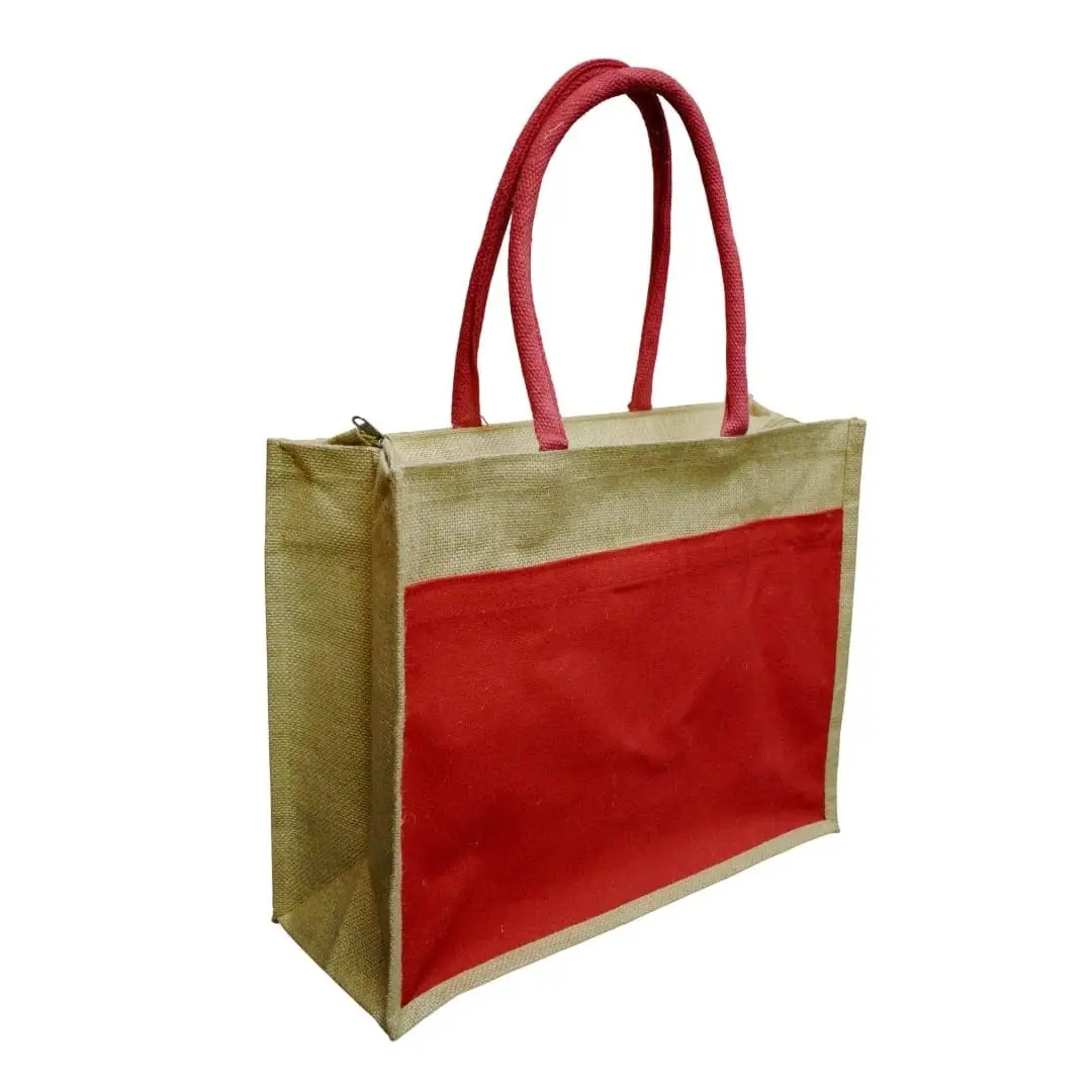 A3 natural jute bag with a red front pocket, red handles and a zip, Hensa