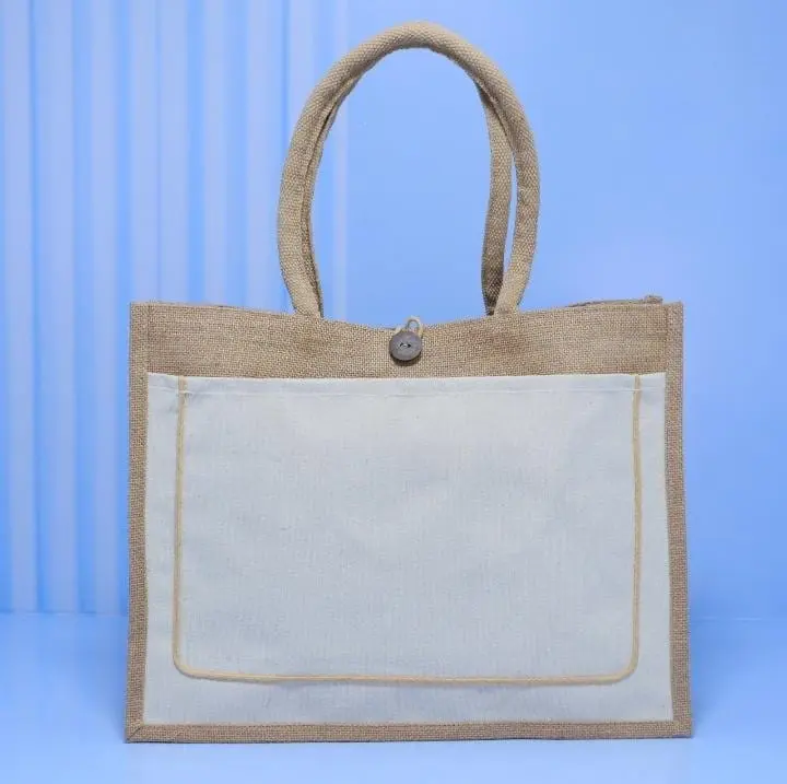 A3 natural jute bag with a cream front pocket, a wooden button and jute handles, Hensa