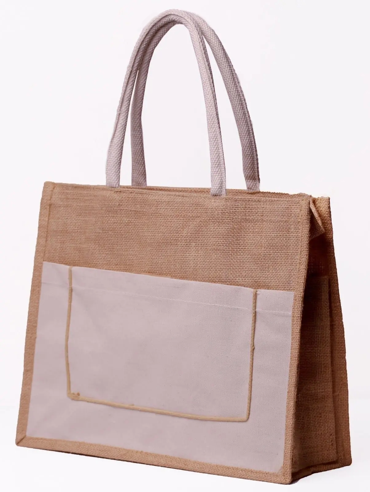 A4 landscape natural jute bag with a cream front pocket and pale handles, Hensa