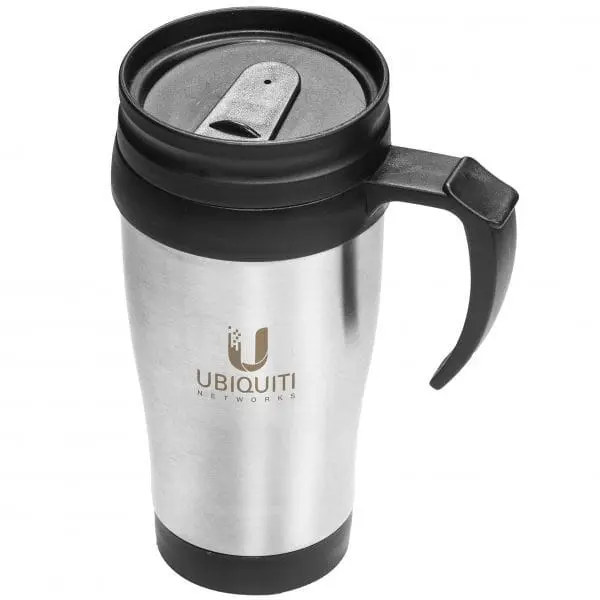 Silver travel mug with black handle and lid, printed with a company logo, Hensa Silver Travel Mug